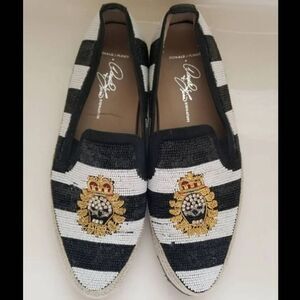 Donald J. Pliner Italian loafers size 6.5 striped black white royalty glam beade